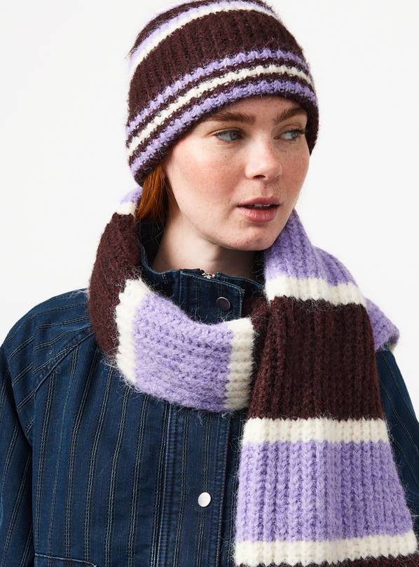 Purple Striped Knitted Beanie One Size